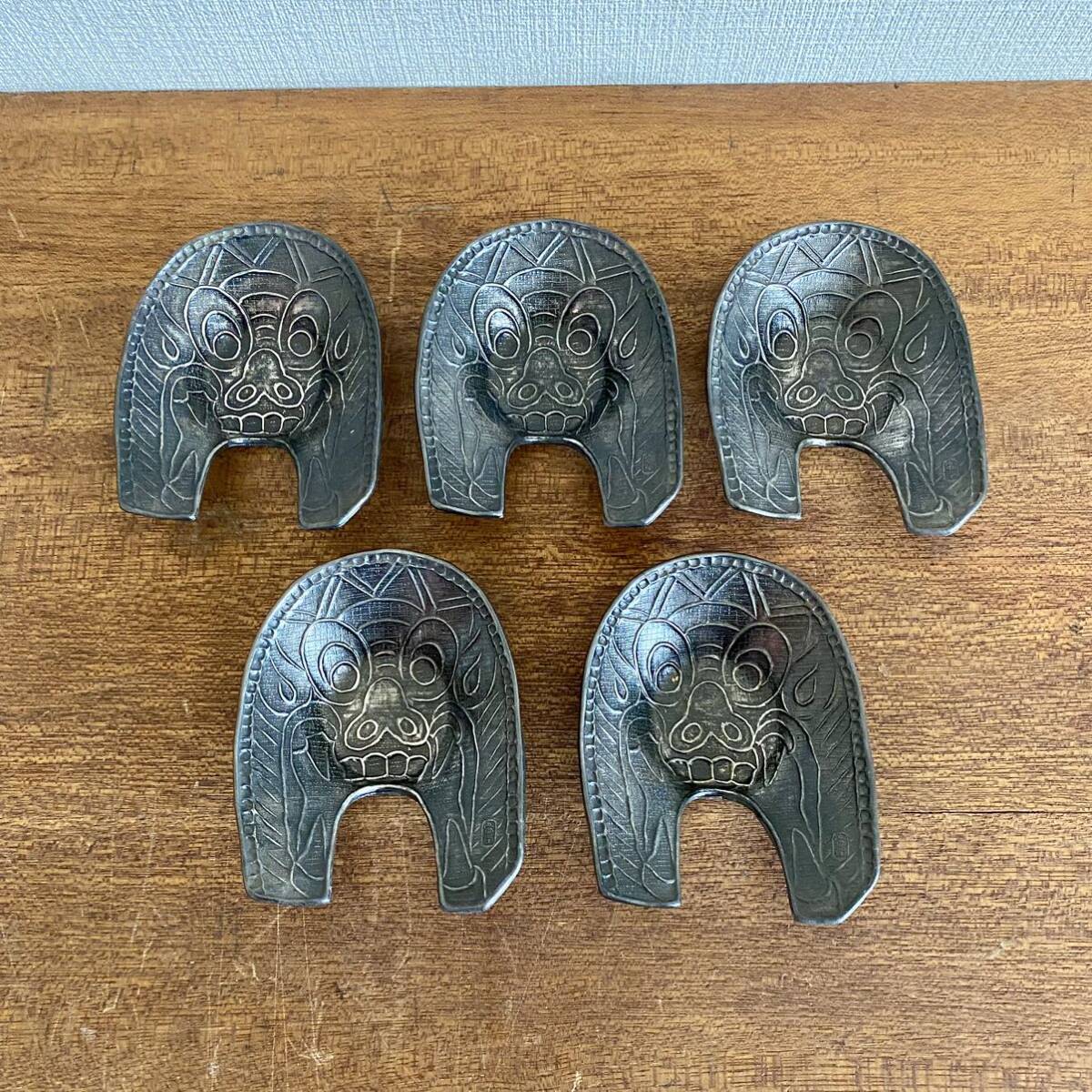 治】人間国宝『佐々木象堂』写 錫製 鬼瓦茶托五客揃☆箱