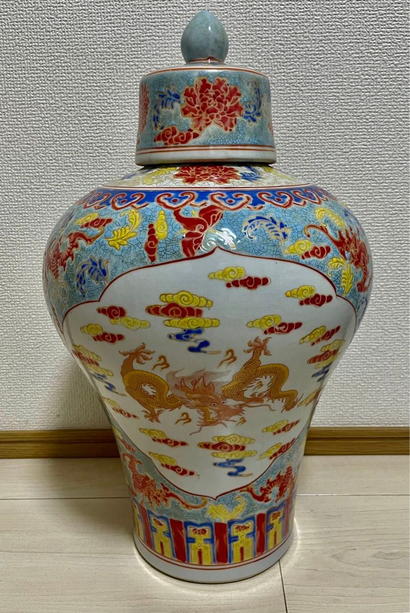 中国古美術・旧蔵粉彩陶芸・大清康熙年製超大型盤龍彩飾皿・風水置物