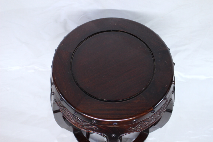 f07 技工名品 中国 古渡 唐木 紫檀 太鼓型 透彫 龍彫刻 竹節 花台 高