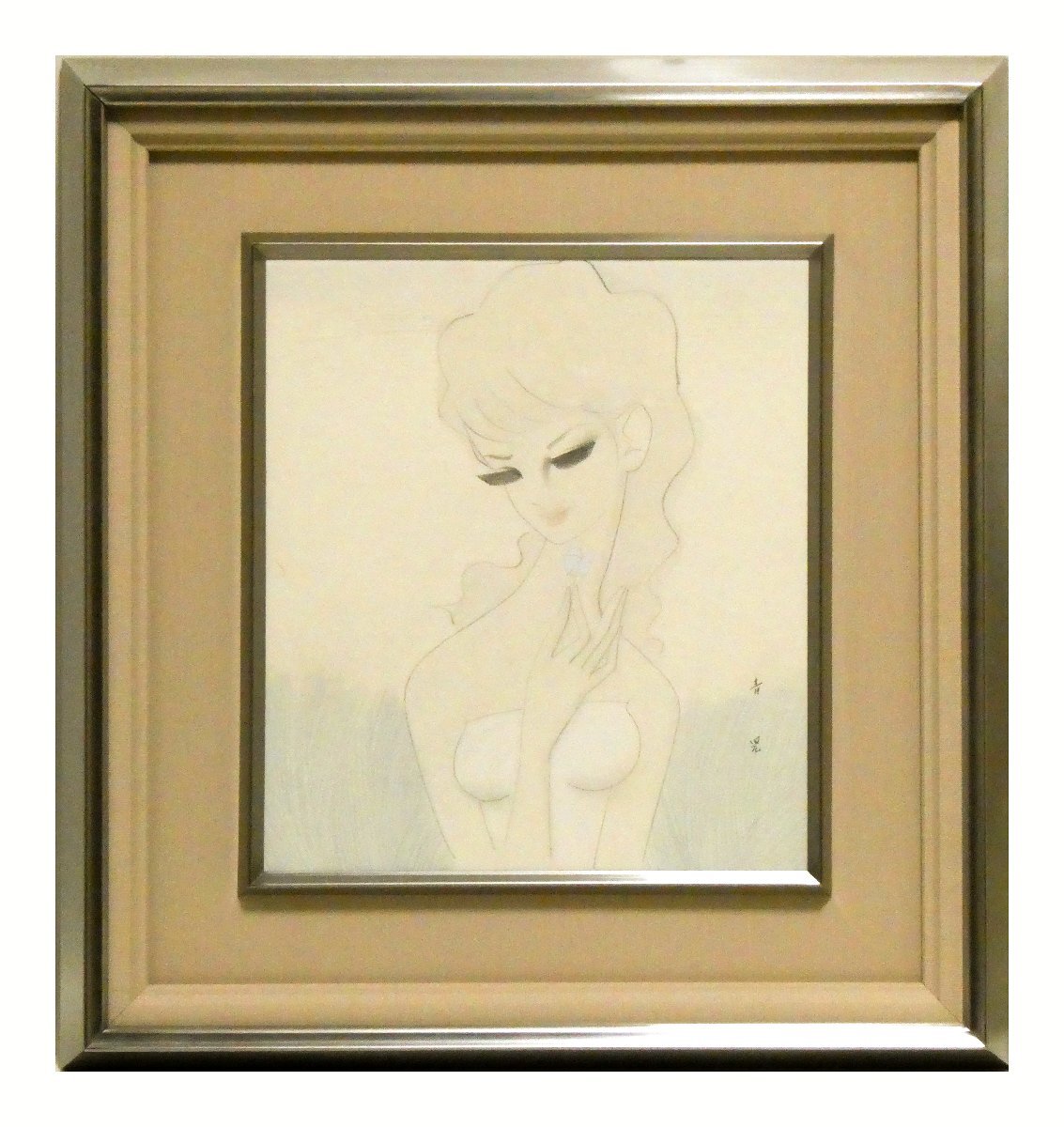 東郷青児婦人像水彩画6号額装右下にサイン東郷青児鑑定委員会証