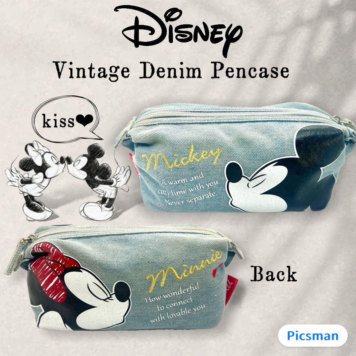 レトロ】Disney ミッキー&ミニー Kiss デニムペンケース ポーチ