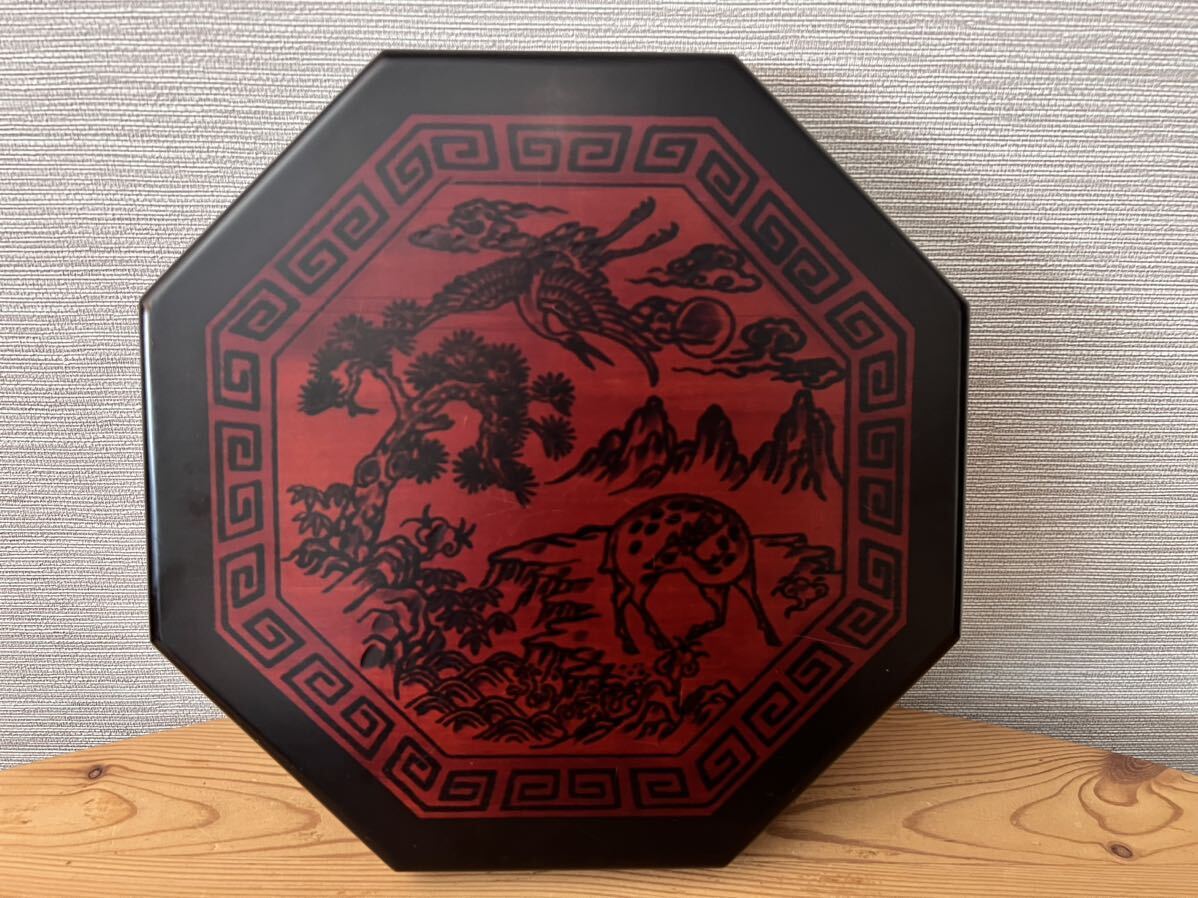 韓国伝統 木製八角形クジョルパン箱】八角形縁起紋木彫九節板 内側皿五