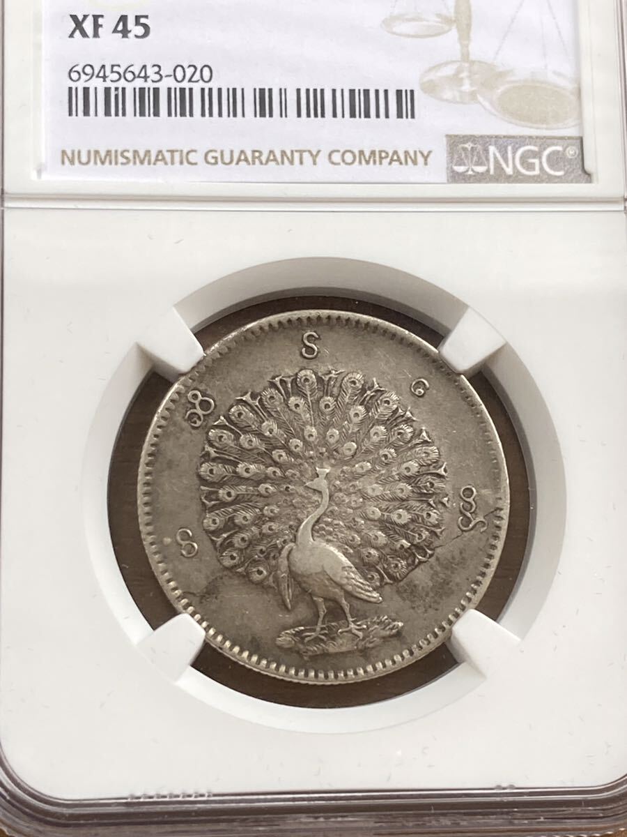NGC鑑定XF45 ビルマ ミャンマー 孔雀 クジャク 1チャット銀貨 1852年