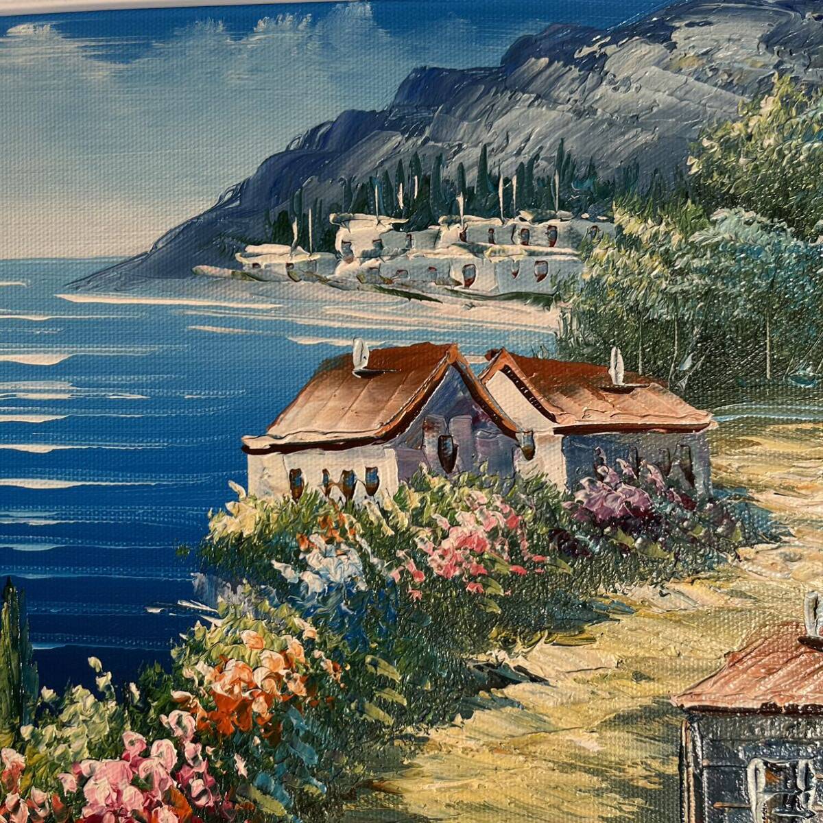 手書き油絵 地中海の風景 絵画 インテリア 油彩画 手書き油絵 地中海の