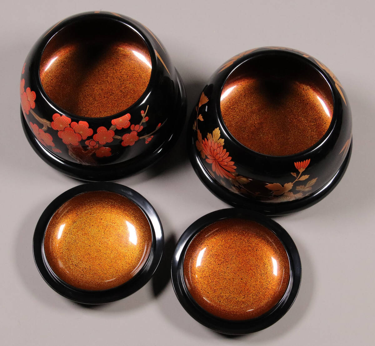 M937 輪島塗 柿木章作 四君子鷺烏蒔絵 碁器一対 木製 黒塗 内梨地 共箱