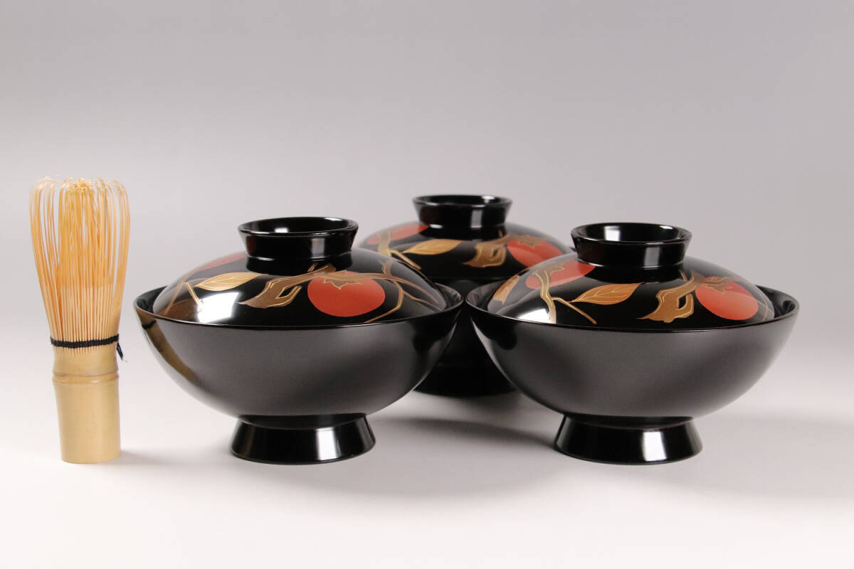CK71 漆芸 木製漆器 輪島塗 柿蒔絵 黒塗御吸物椀 三客 / 伝統工芸品