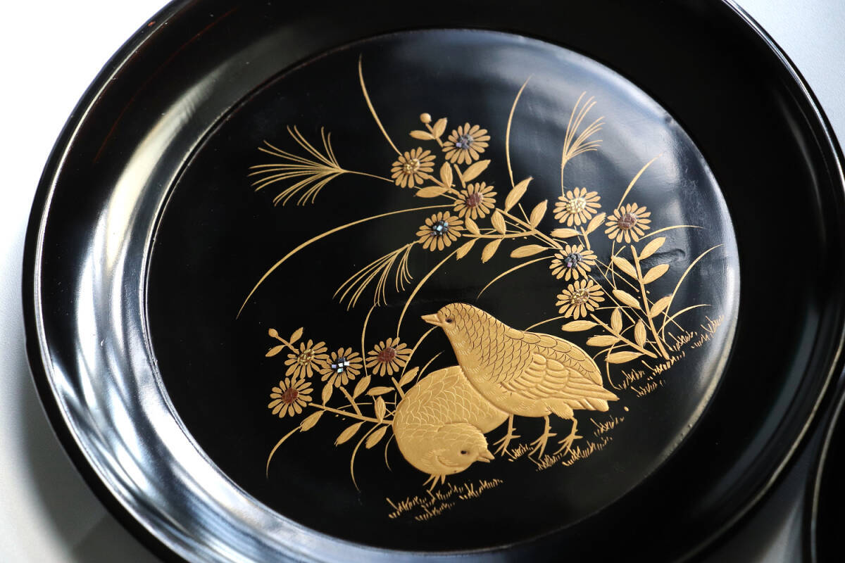 木製朱塗糸目金銀蒔絵引盃十客 CM242】時代木製漆器 桐鳳凰・ 【CM244