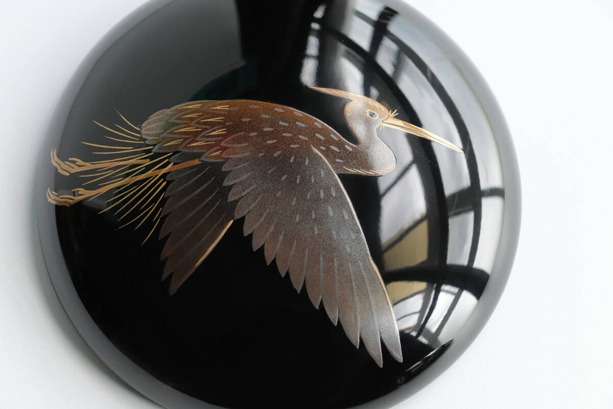 M937 輪島塗 柿木章作 四君子鷺烏蒔絵 碁器一対 木製 黒塗 内梨地 共箱