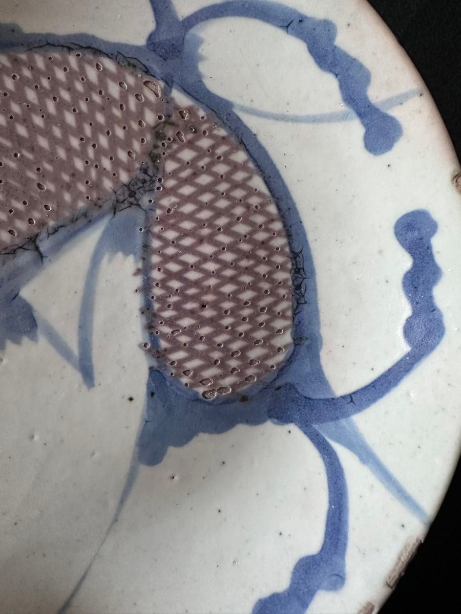 清朝期 南京赤絵 青華魚文皿 直径約21cm 古美術 中国美術 清時代③