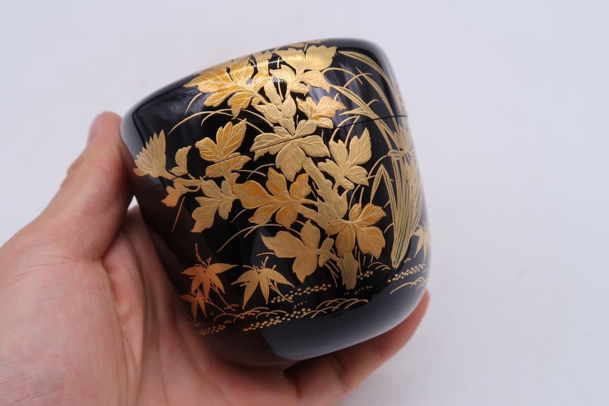 茶道具 蒔絵師 西條一斎作 棗 茶入 共箱 田舎家蒔絵 中棗 螺鈿 青貝