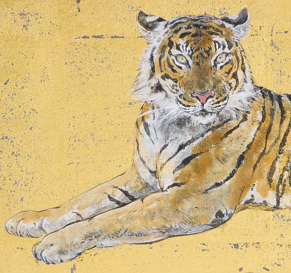 五】真作 川又聡 『虎』 日本画 彩色 額装 共シール ／ Lot:71668