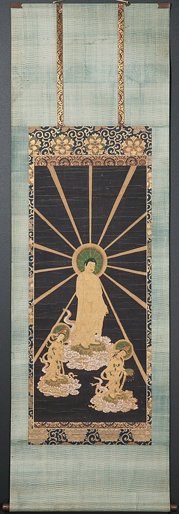 五】古仏画 『阿弥陀三尊来迎図』 紙本 截金 金泥 彩色 著色 肉筆 掛軸