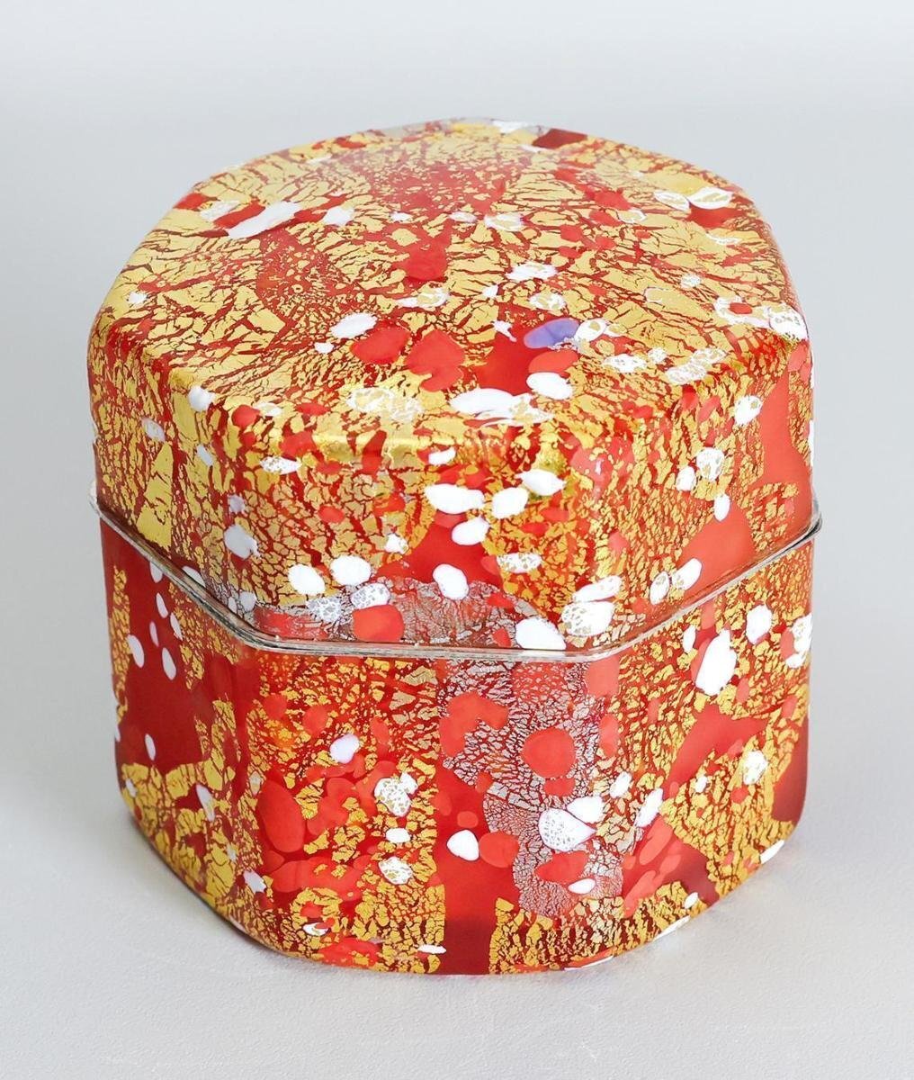 真作】【WISH】藤田喬平「手吹 飾筥 龍田 」ガラス工芸 七角 金・プラチナ