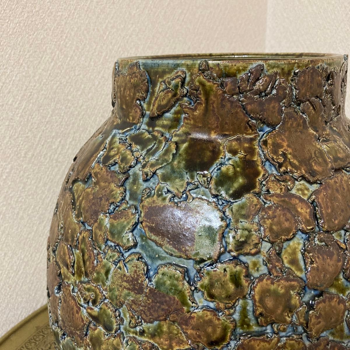 瀬戸焼 末広窯 中島翁介 緑釉花瓶 飾り壺 特大 高さ32㌢ 烈紋 【公式通販】