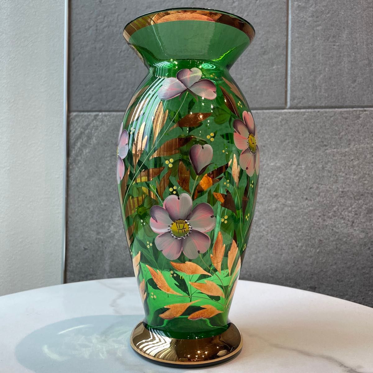 未使用品 ボヘミア グラス 花瓶 チェコスロバキア フラワーベース 花柄