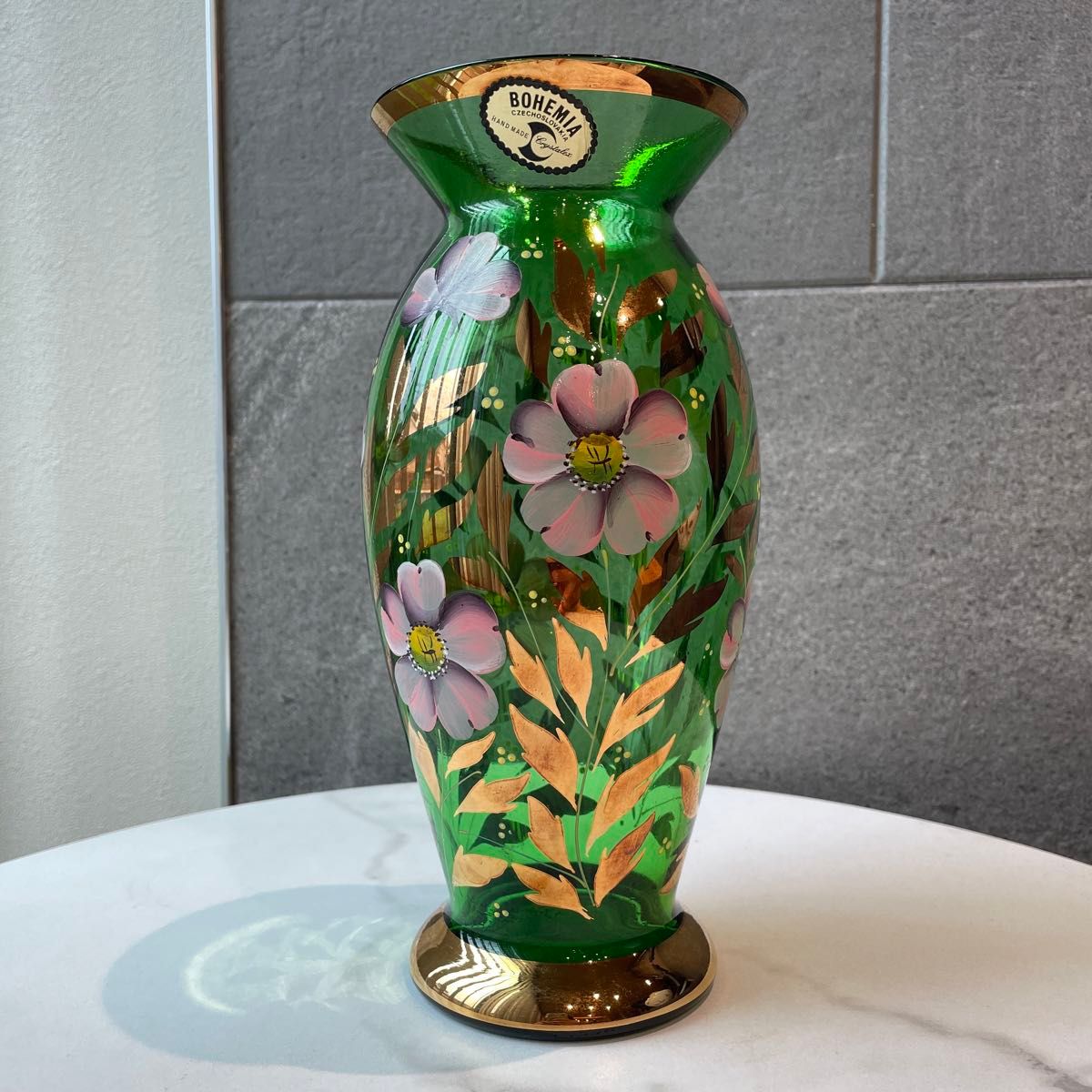 未使用品 ボヘミア グラス 花瓶 チェコスロバキア フラワーベース 花柄