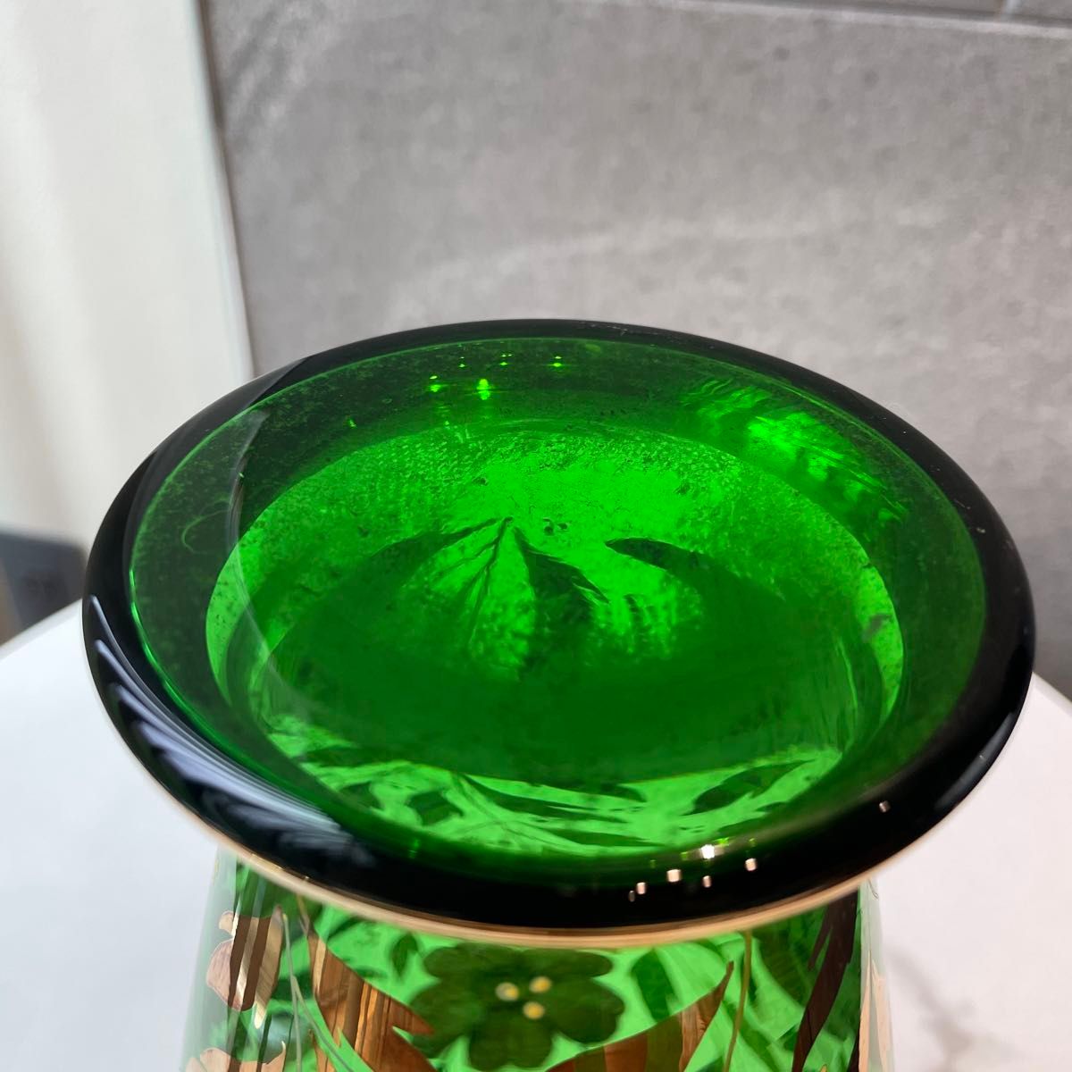 未使用品 ボヘミア グラス 花瓶 チェコスロバキア フラワーベース 花柄