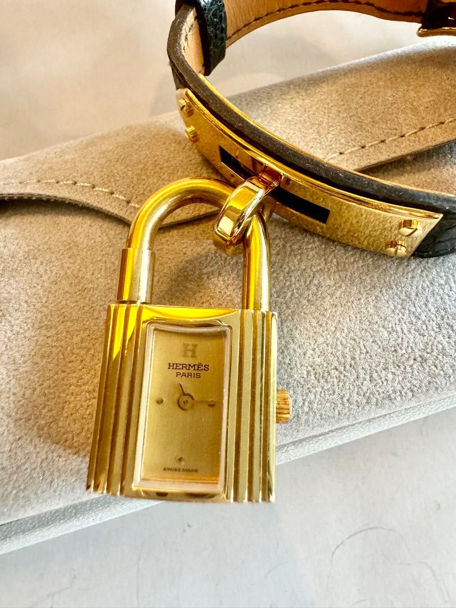 美品 エルメス ケリーウォッチ ブラックリザード電池交換済み X刻印