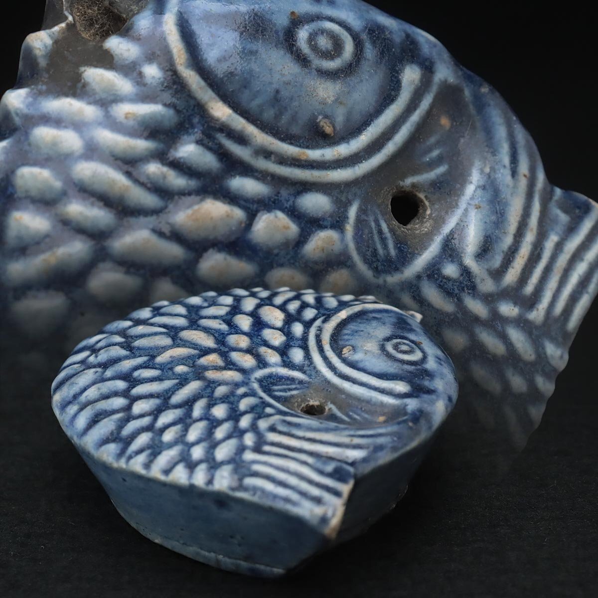 EV092 朝鮮古美術 李朝瑠璃釉魚形水滴 幅7.2cm 重99g・