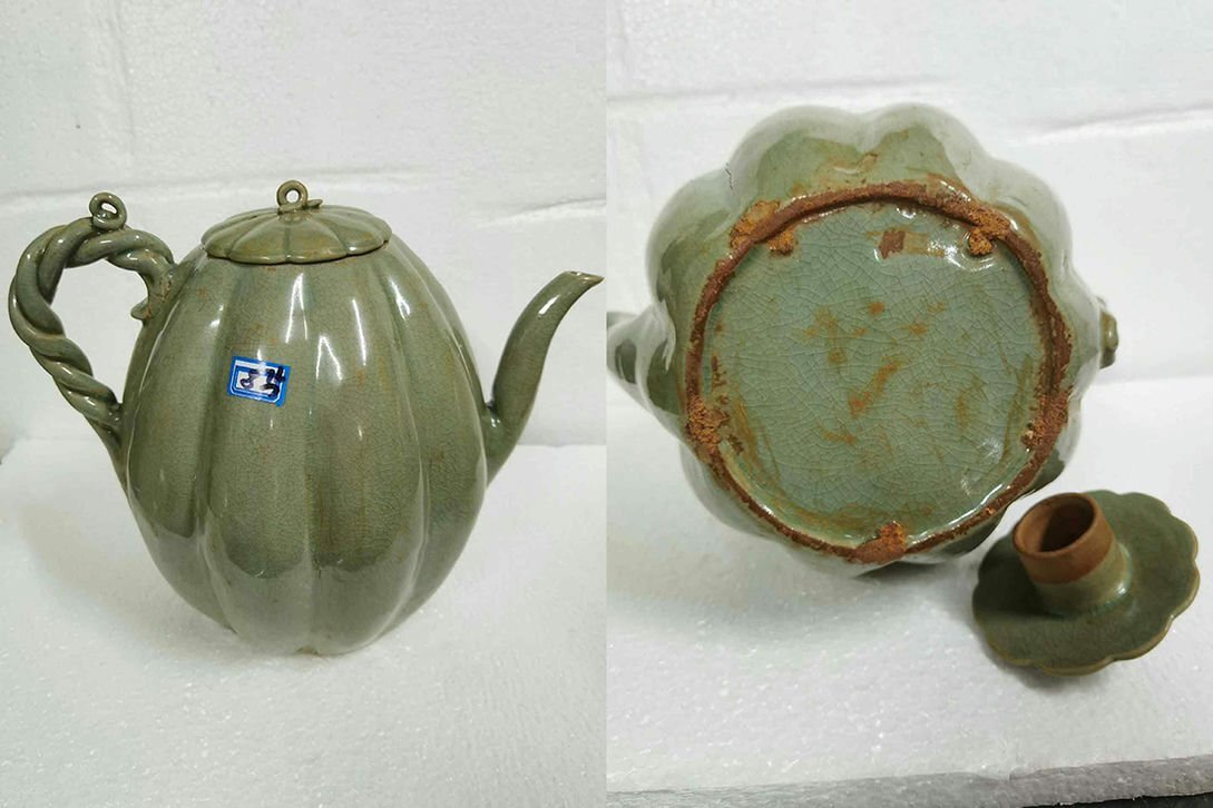 本物保証❗】李氏朝鮮時代 李朝青磁 陰刻 双鳳凰文 鉢 菓子鉢 径19.5cm