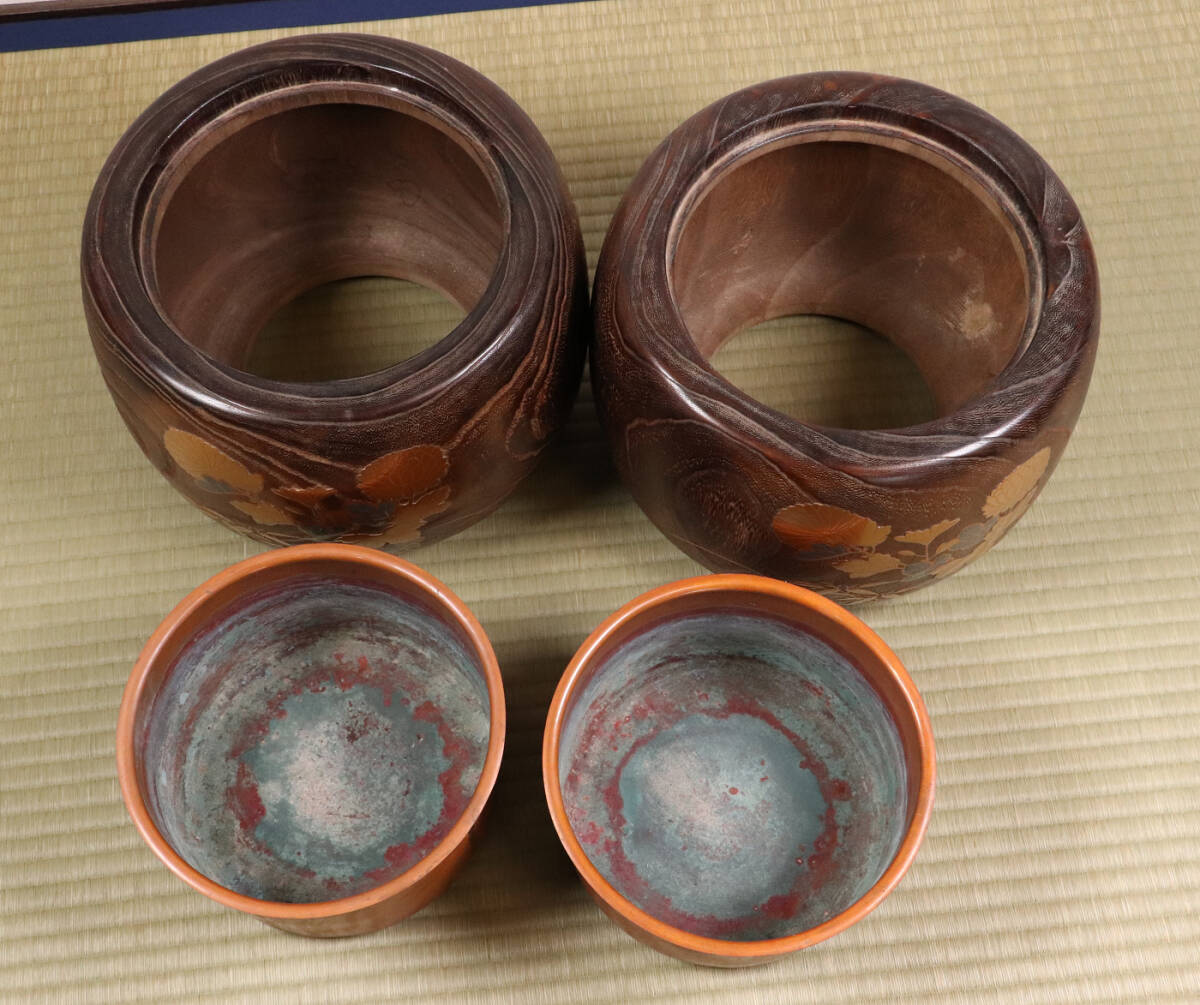 小菊蒔絵 桐火鉢 一対 幅29cm 草花 蝶 螺鈿 金蒔絵 古民具MB104