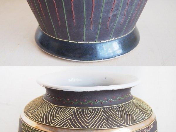 薩摩焼 色絵花器 花入 薩摩焼 美人 色絵 金彩 飾り壺 骨董 レトロ L27