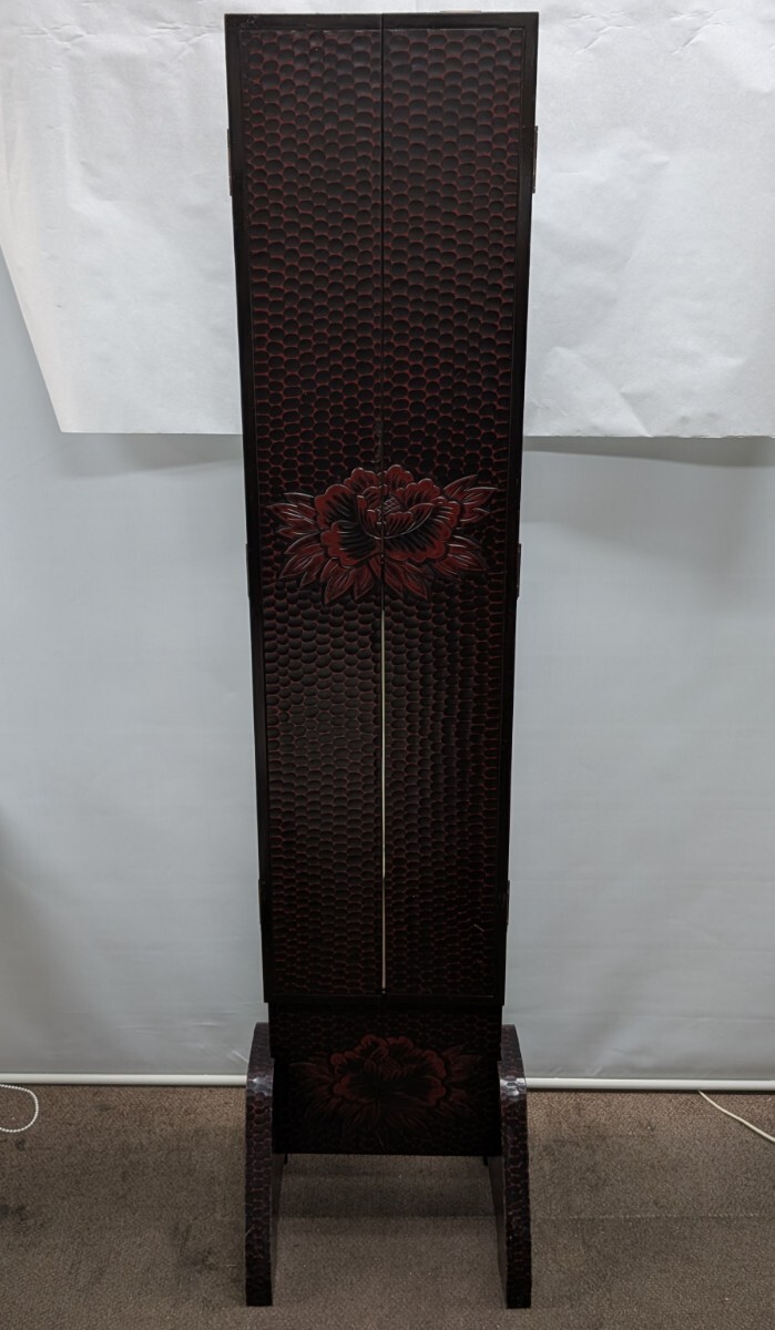 鏡台】鎌倉彫、ダークブラウンの三面鏡 鎌倉彫三面鏡