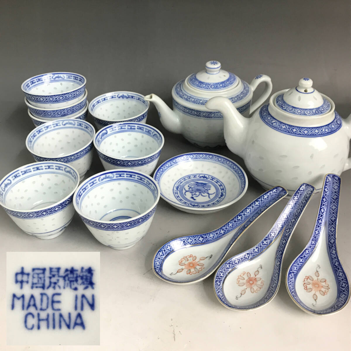 中国 景徳鎮製 闘彩蝶文 急須＆煎茶碗五客セット 無傷