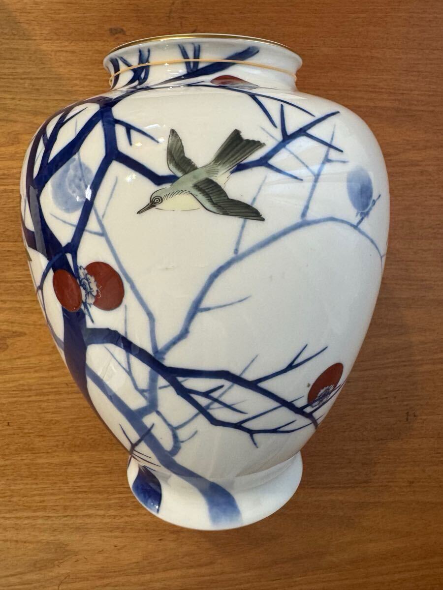 Y3122-8 深川製 染付色絵 柿図 花瓶 高さ28㎝ ten Y3122-8 深川製 染付