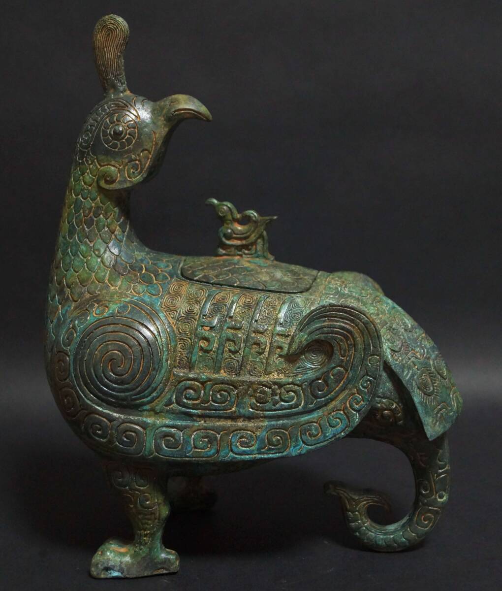 中国古美術【鳳鳥尾尊】青銅器 吉祥鳥 銅器 置物 骨董 酒具 純銅製 鳥