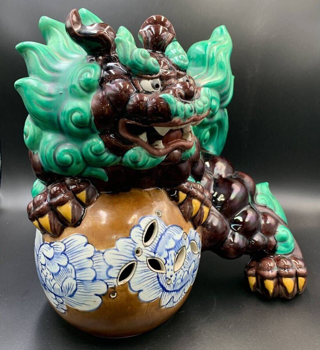 はやみ玉乗り獅子 糠川清章作 九谷焼 魔除け 縁起物 狛犬 剣 置物 緑