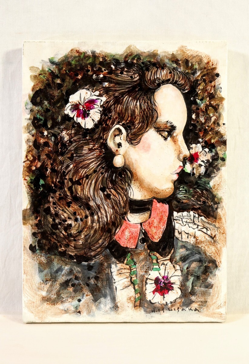 石阪春生 油彩画 シクラメンの花 『女の居る風景』 【公式通販】