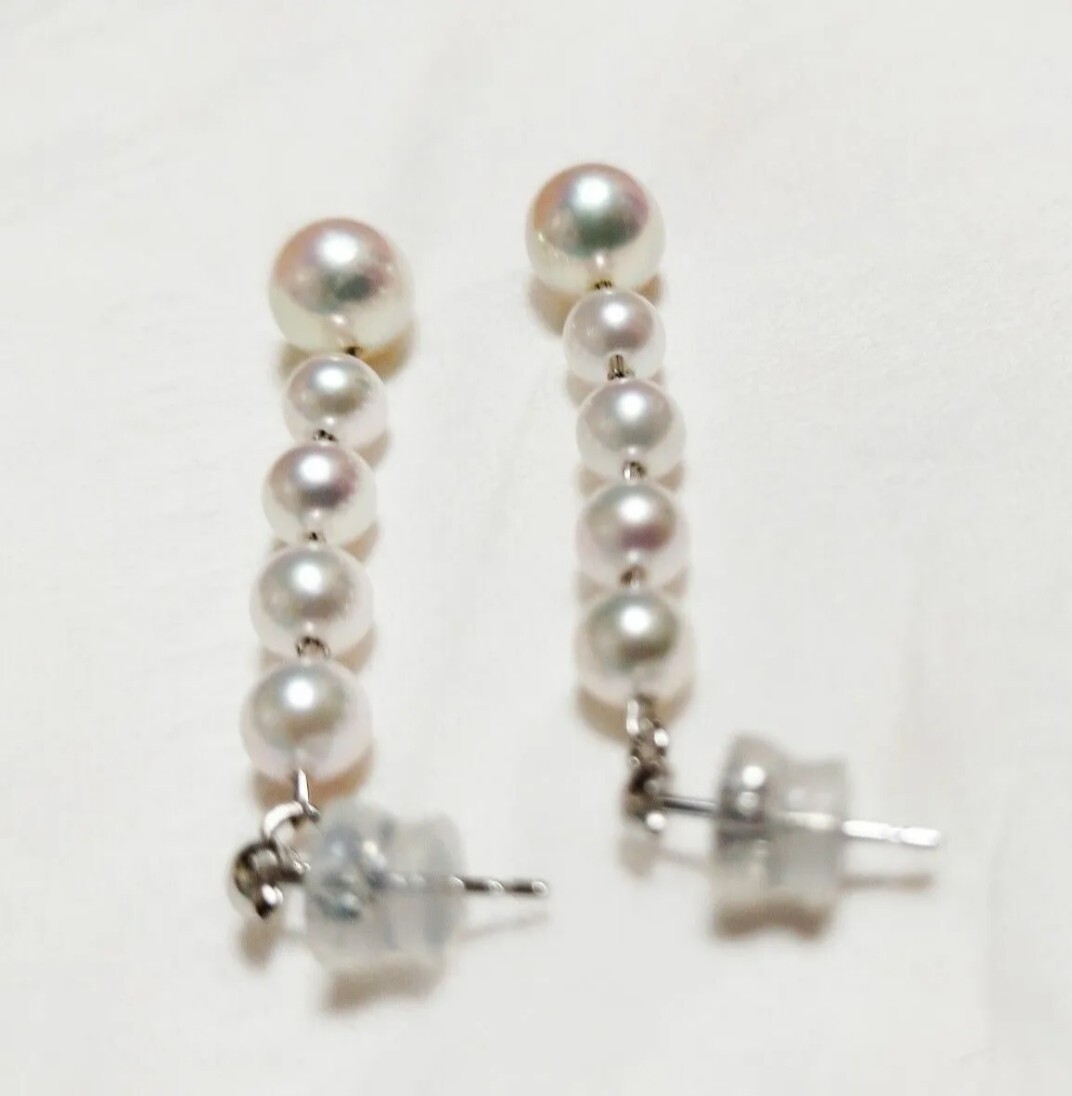 あこや本真珠 5粒連 K18WG ロングピアス ベビーパール アコヤ真珠