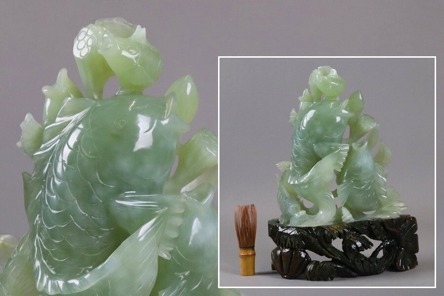 中国美術 古玩 翡翠鯉彫刻 2体セット 縁起物 店じまいSALE好評中 中国