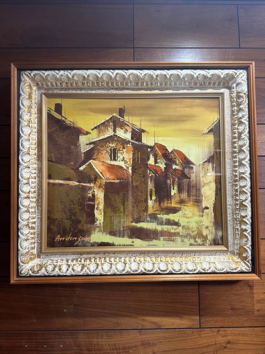 美術品】サイン入り油絵 ヨーロッパ風景 42×47cm 額縁付き 美術品