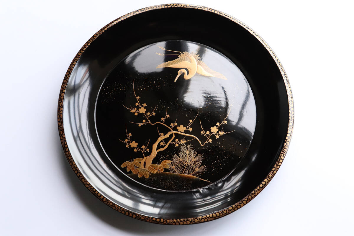 MA220 時代漆器 松竹梅鶴金蒔絵 縁唐草 黒塗 大徳寺盆 五客 菓子盆