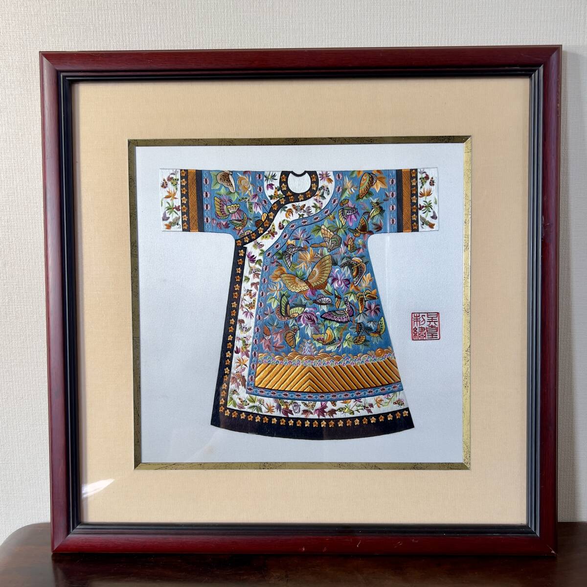 文】☆ 文房 繍絵花卉紋牙骨絹面折扇 ☆清朝期牡丹 刺繍文様清供雅玩