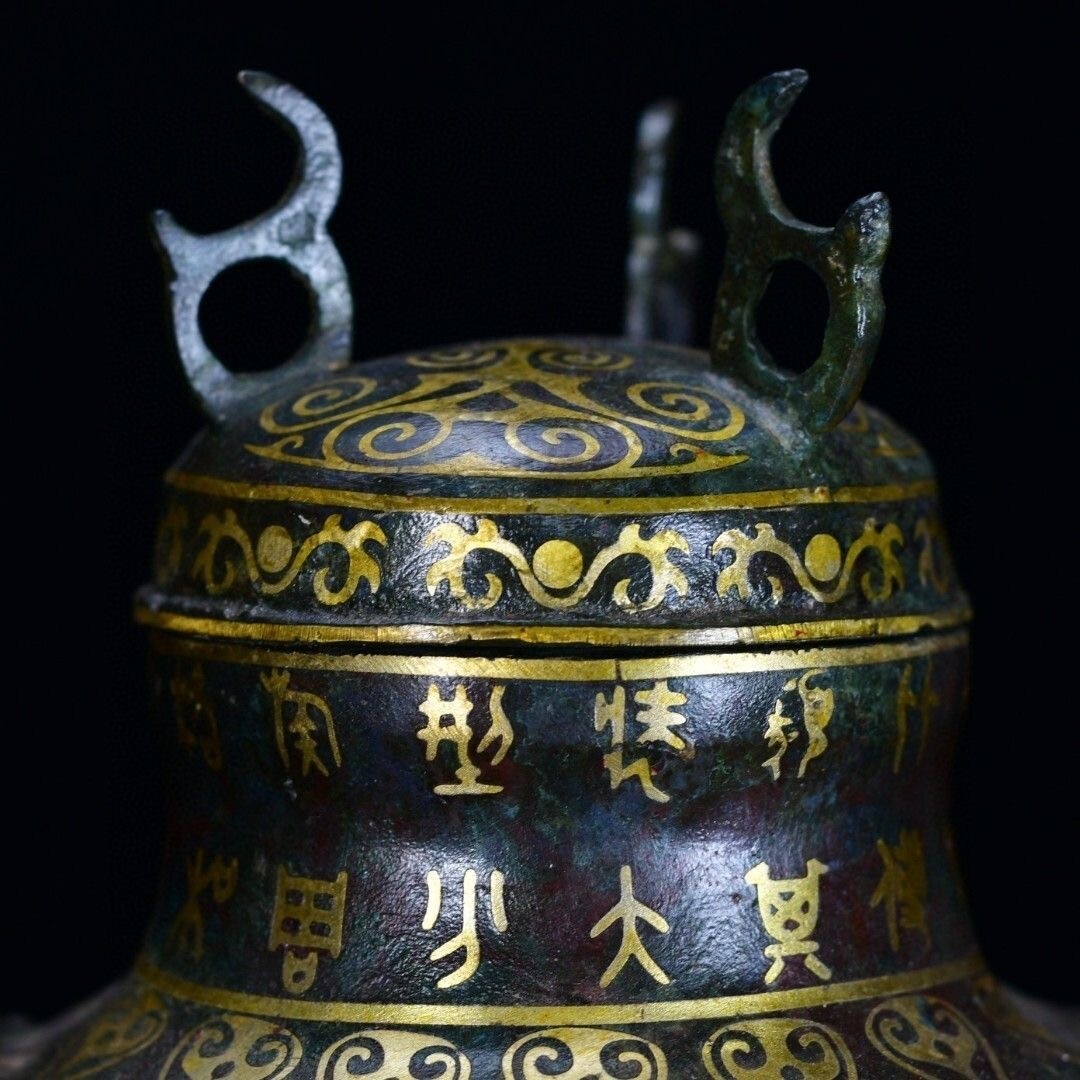 中国古美術 旧藏 錯金青銅器 烏壺 一対 時代物 骨董 花器 飾壺 青銅