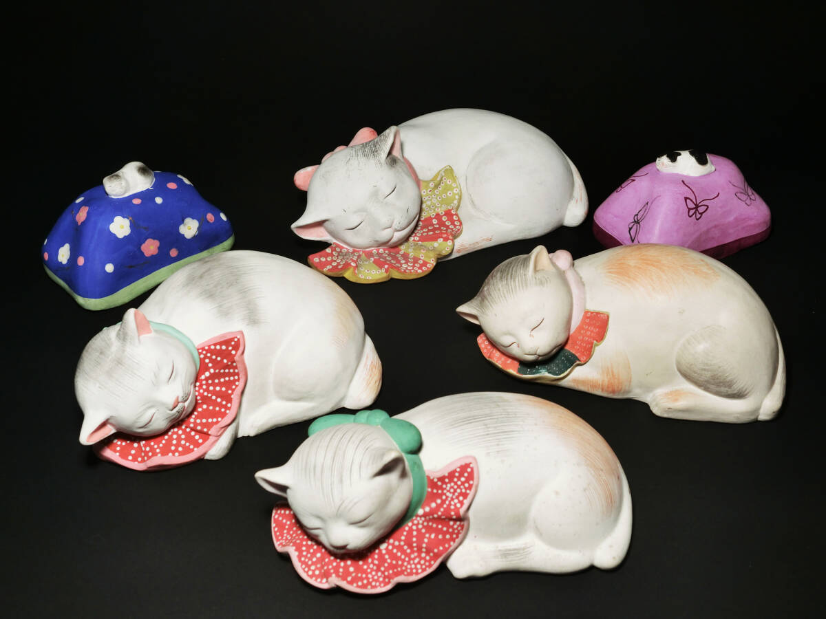 和印 裏隠し春画人形『眠り猫A』三毛猫日本人形/土人形/