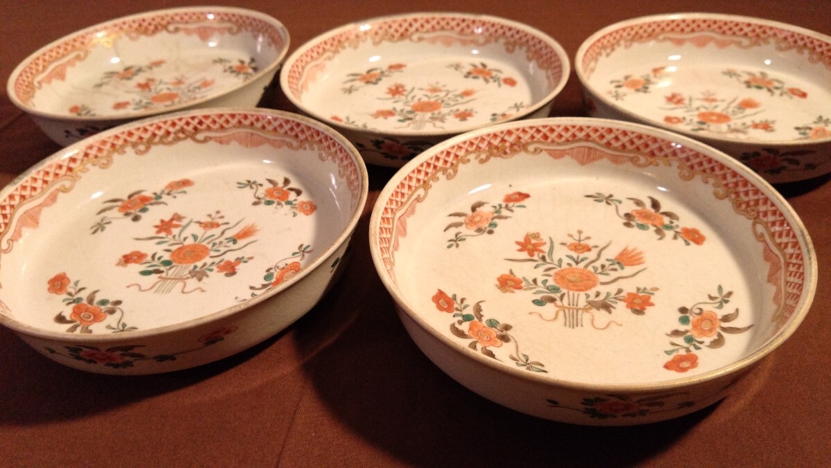 配送 古伊万里 伊万里 色絵 桜の図 中皿 菓子皿 5客 古伊万里 伊万里