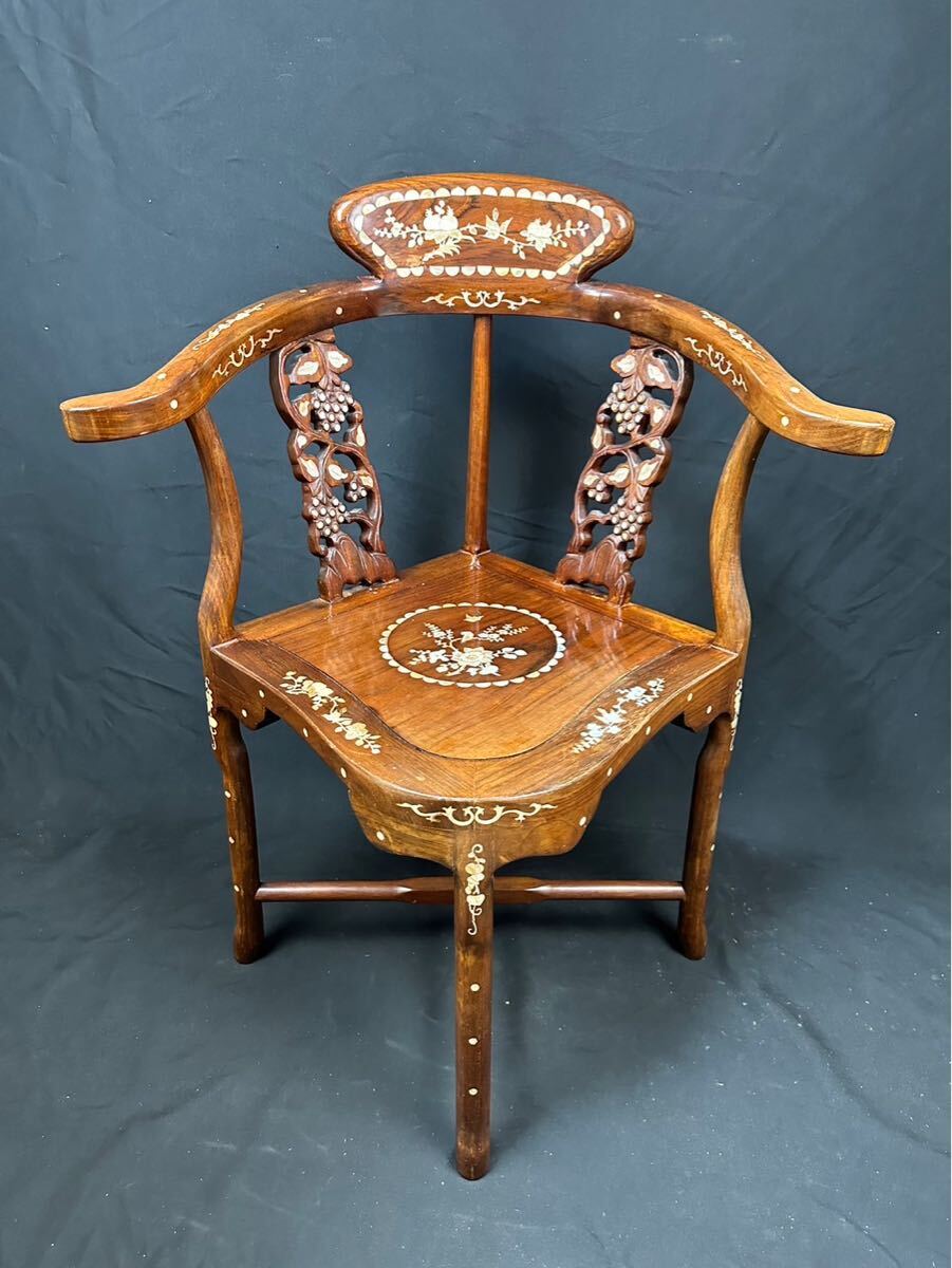 高級家具 螺鈿細工 花梨 中国美術 サイドテーブル 椅子2客 唐木 家具 木製