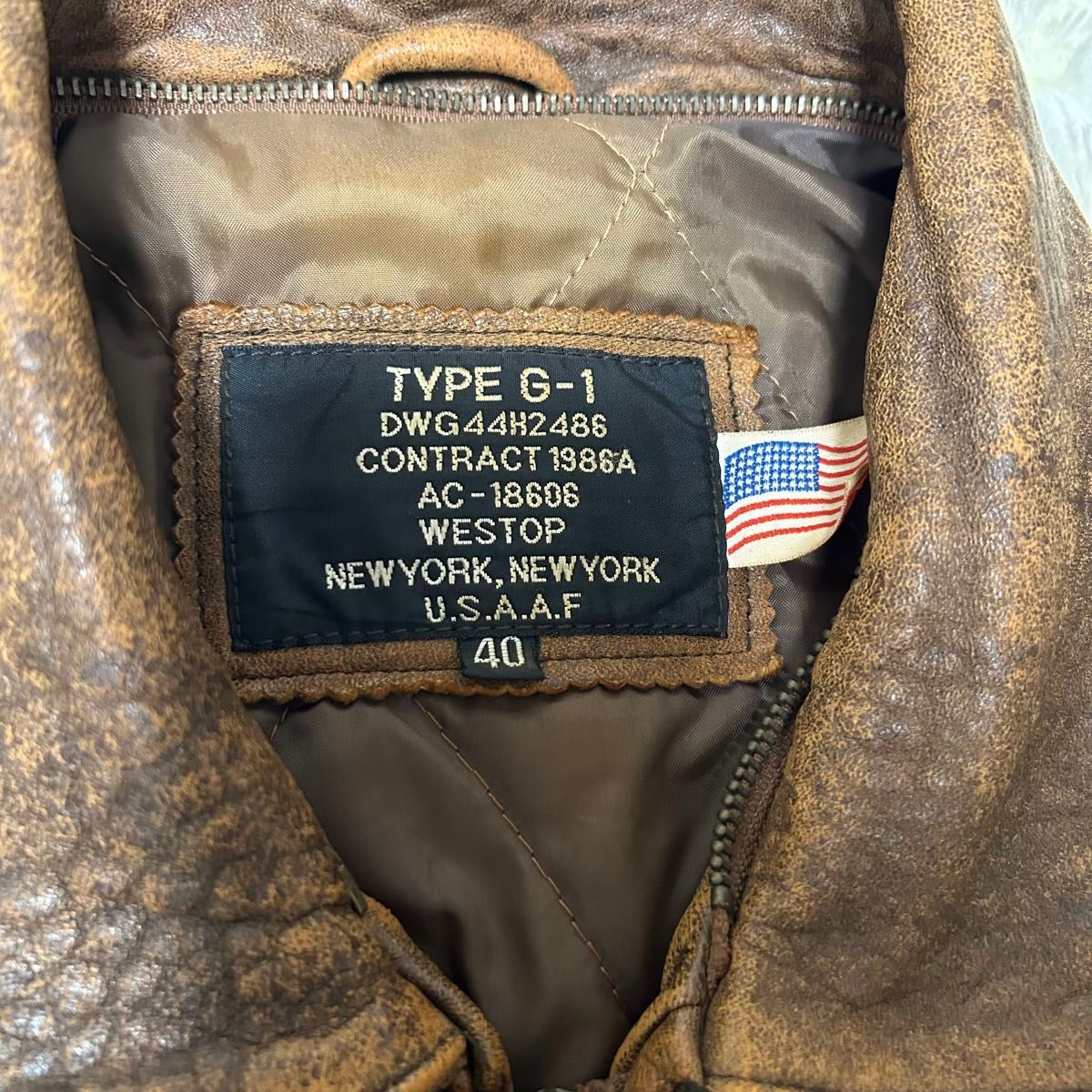 80s A-2 G-1レザー フライトジャケット USA国旗 ヴィンテージ L 本革