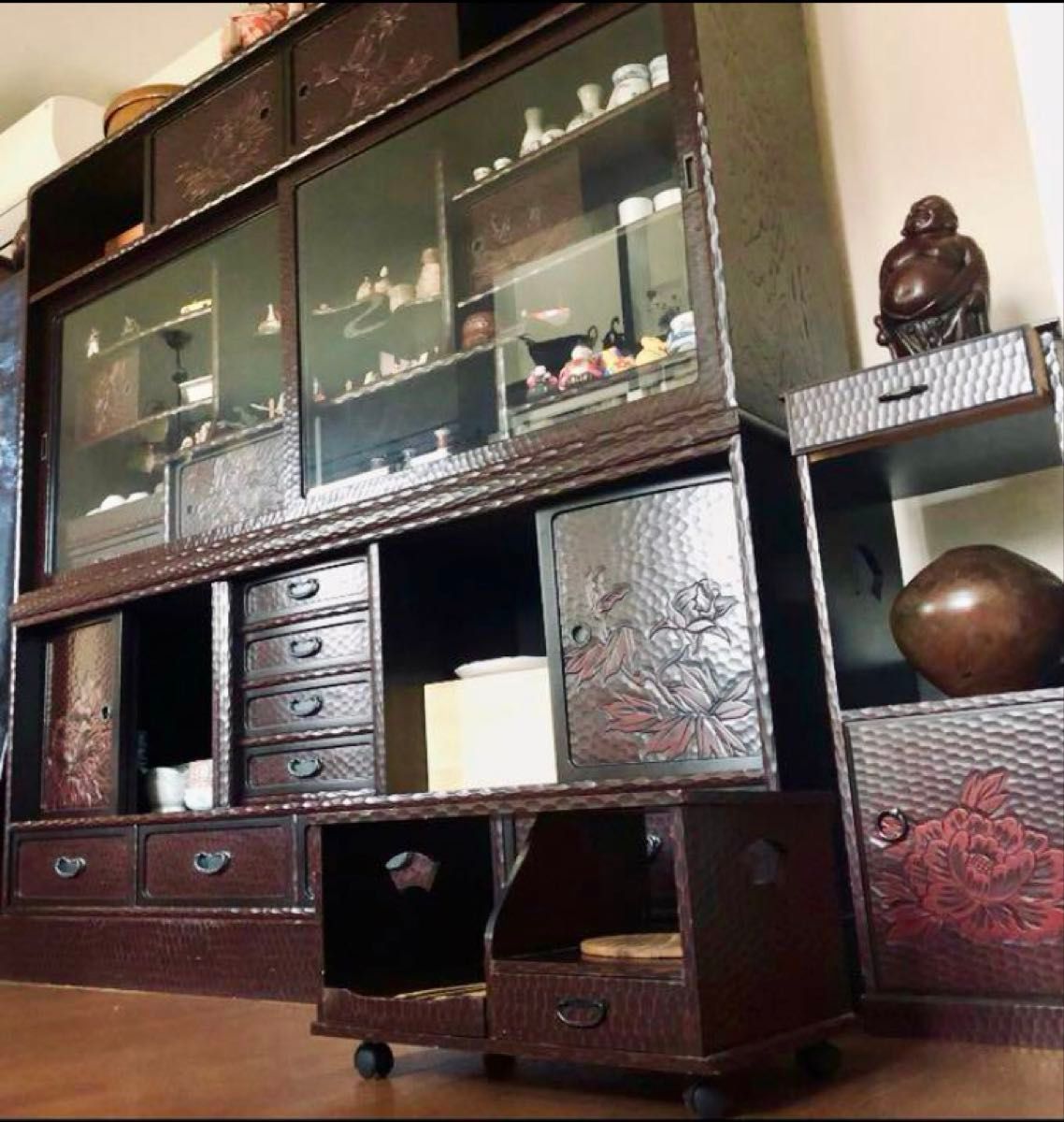 鎌倉彫茶箪笥&【鎌倉彫脇タンス＆茶道具揃い付】超特大スケール 伝統