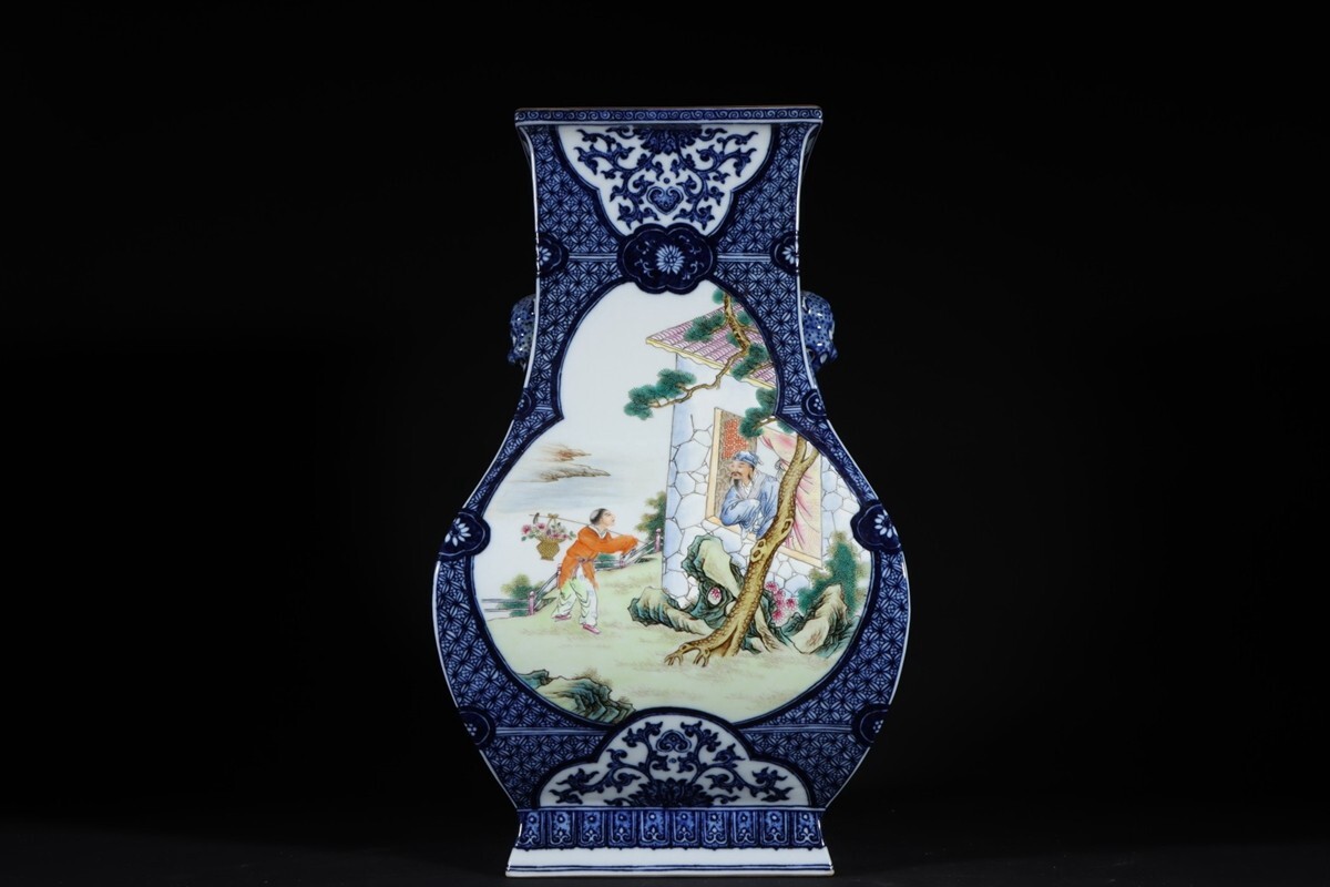 中国古美術品清の乾隆時代青花粉彩人物皿本物保証 22cm