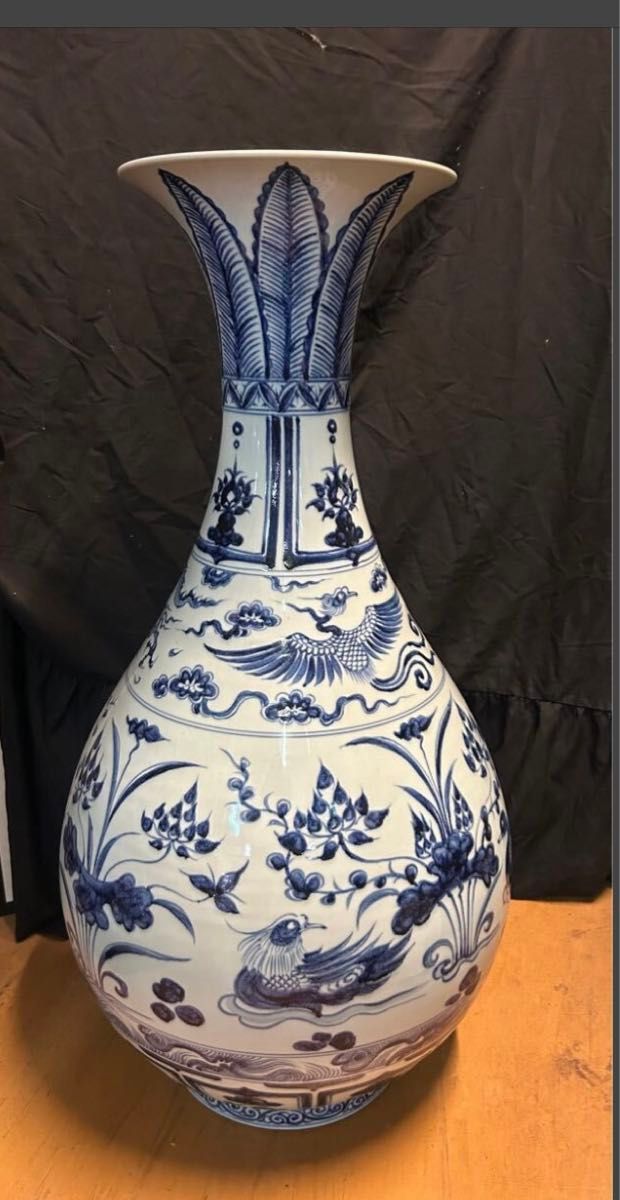 青花龍文象耳瓶 染付 瓶 壺 鳳凰 象 中国 中華 中国 龍 鳳凰 染め付け