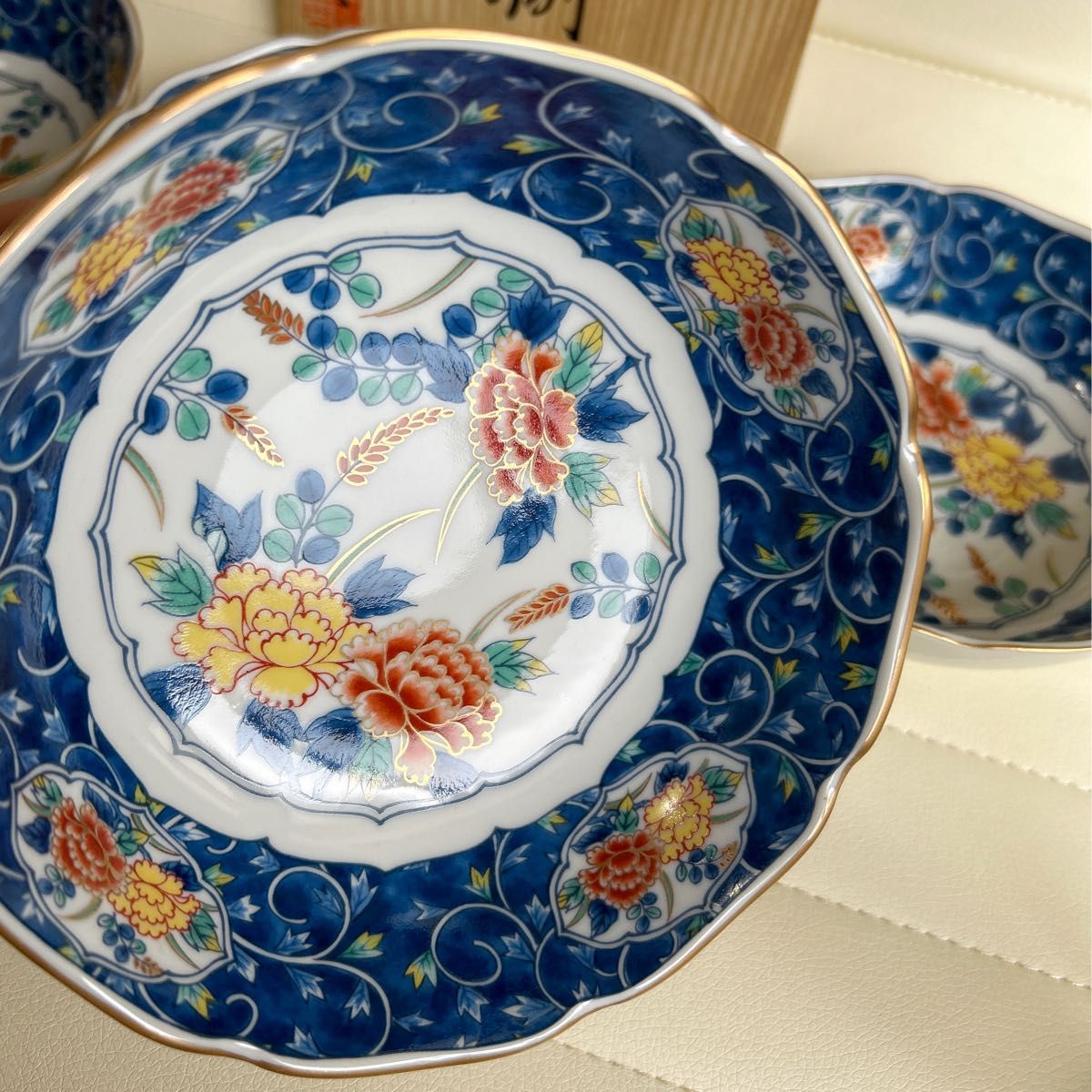 前畑陶器 庫山窯 窓絵花唐草 中鉢揃 5枚セット 金彩 色絵 古伊万里 輪