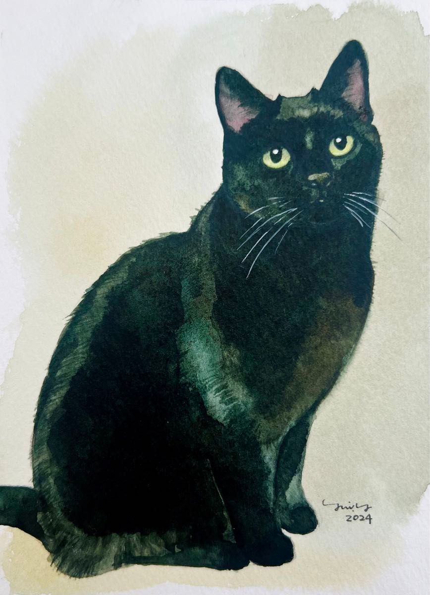 原画#3151 黒猫 海 カンヌ フランス 水彩画 ドローイング インテリア