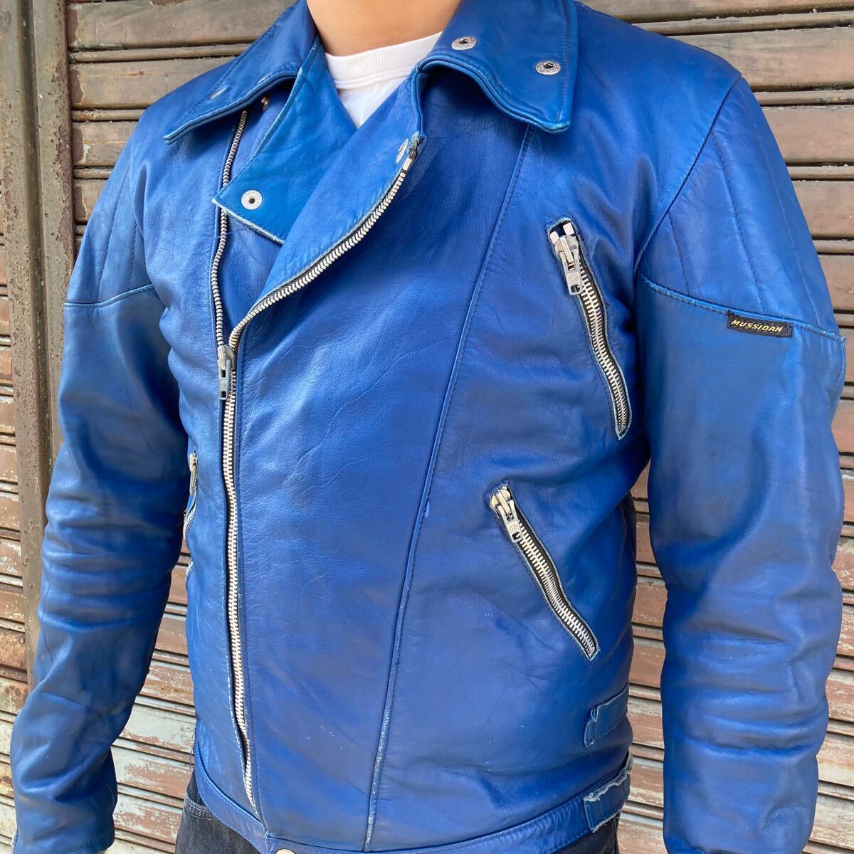 希少 60s 70s イギリス製 ロンジャン ライダース ダブル ブルー 英国製