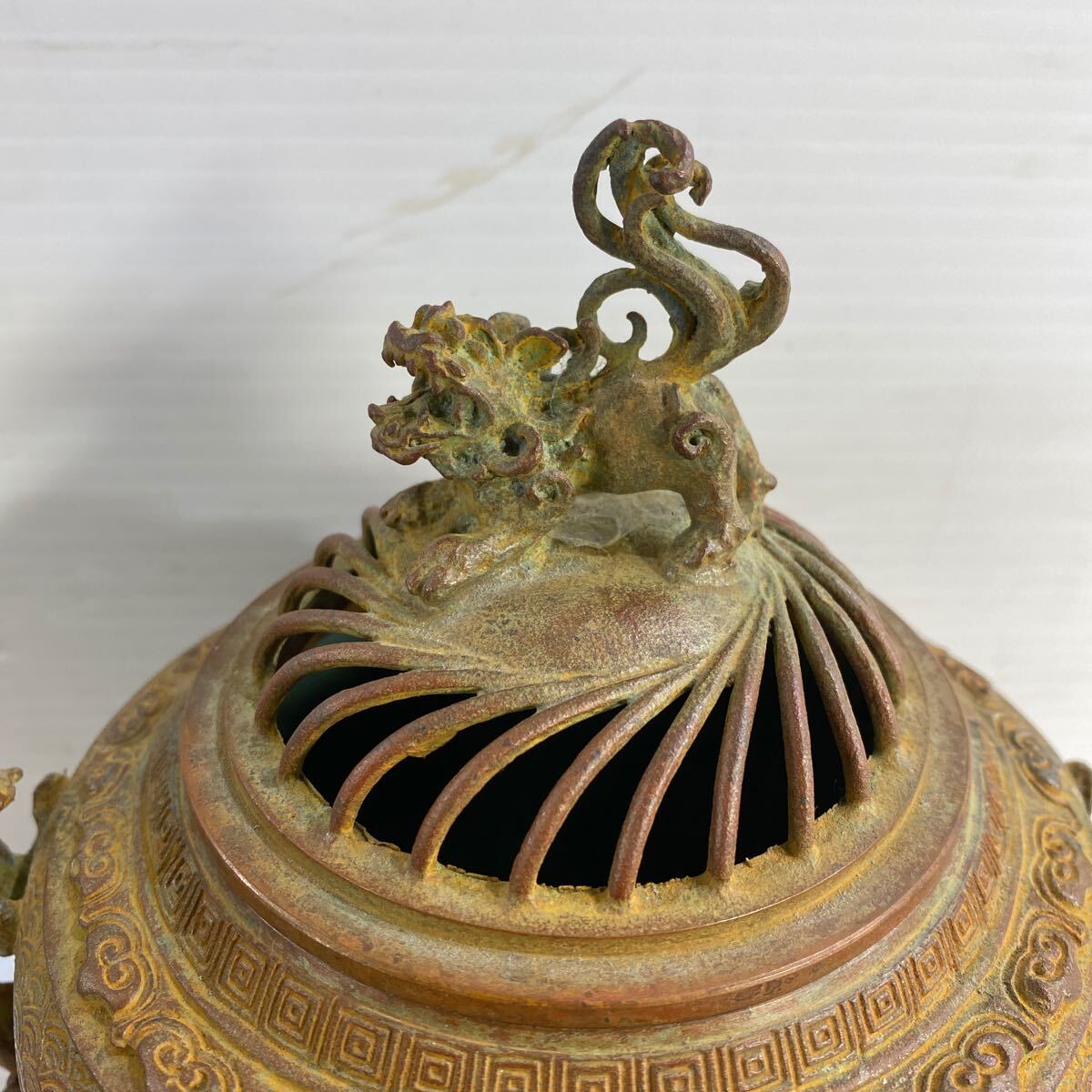 2069 高岡銅器 金工師 米田秀保 造 蝋型鋳銅 立龍提手 瓔珞雲図 香炉