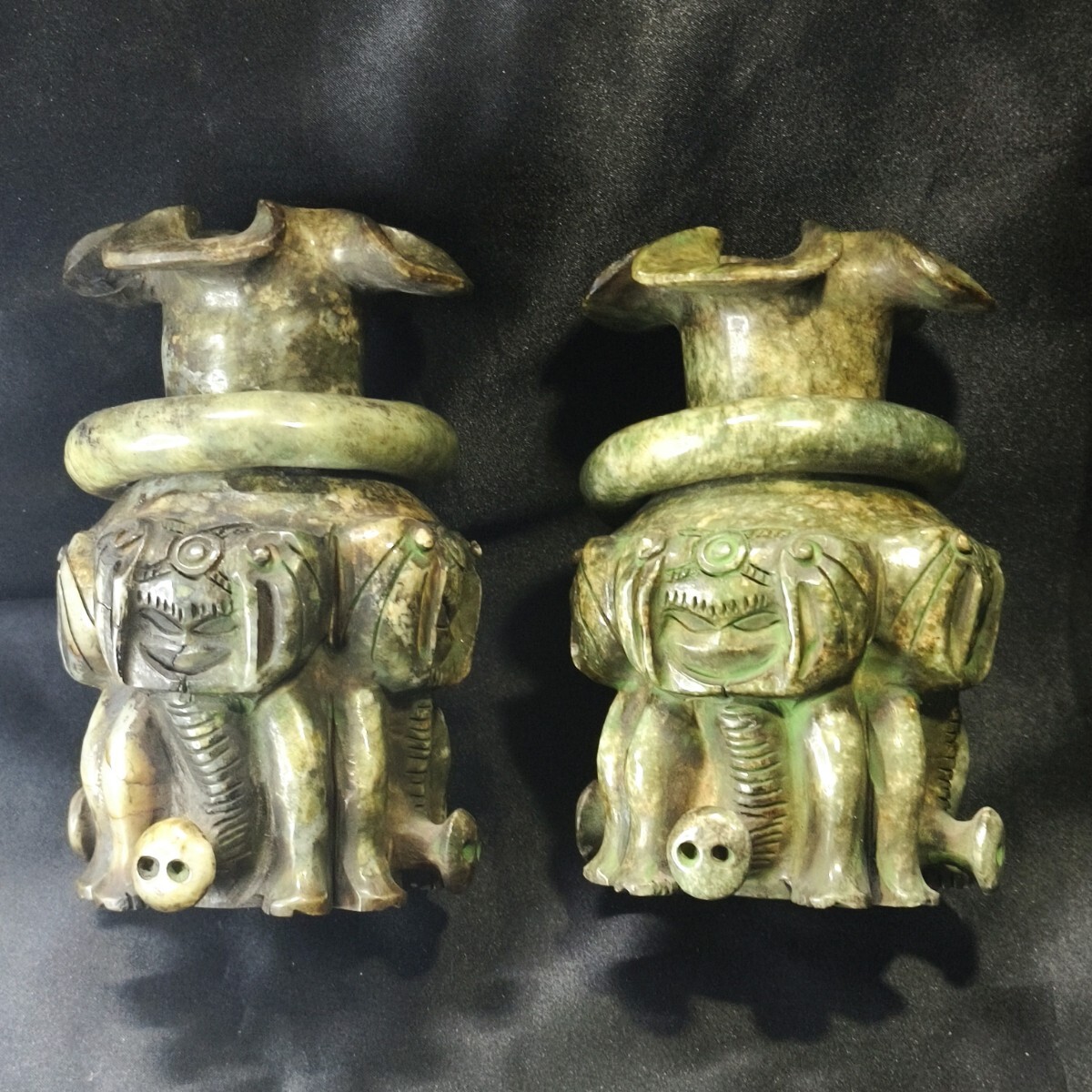 中国骨董 玉香炉一対 天然石 遊環 四面神獣立像 販売 手彫り 作家物